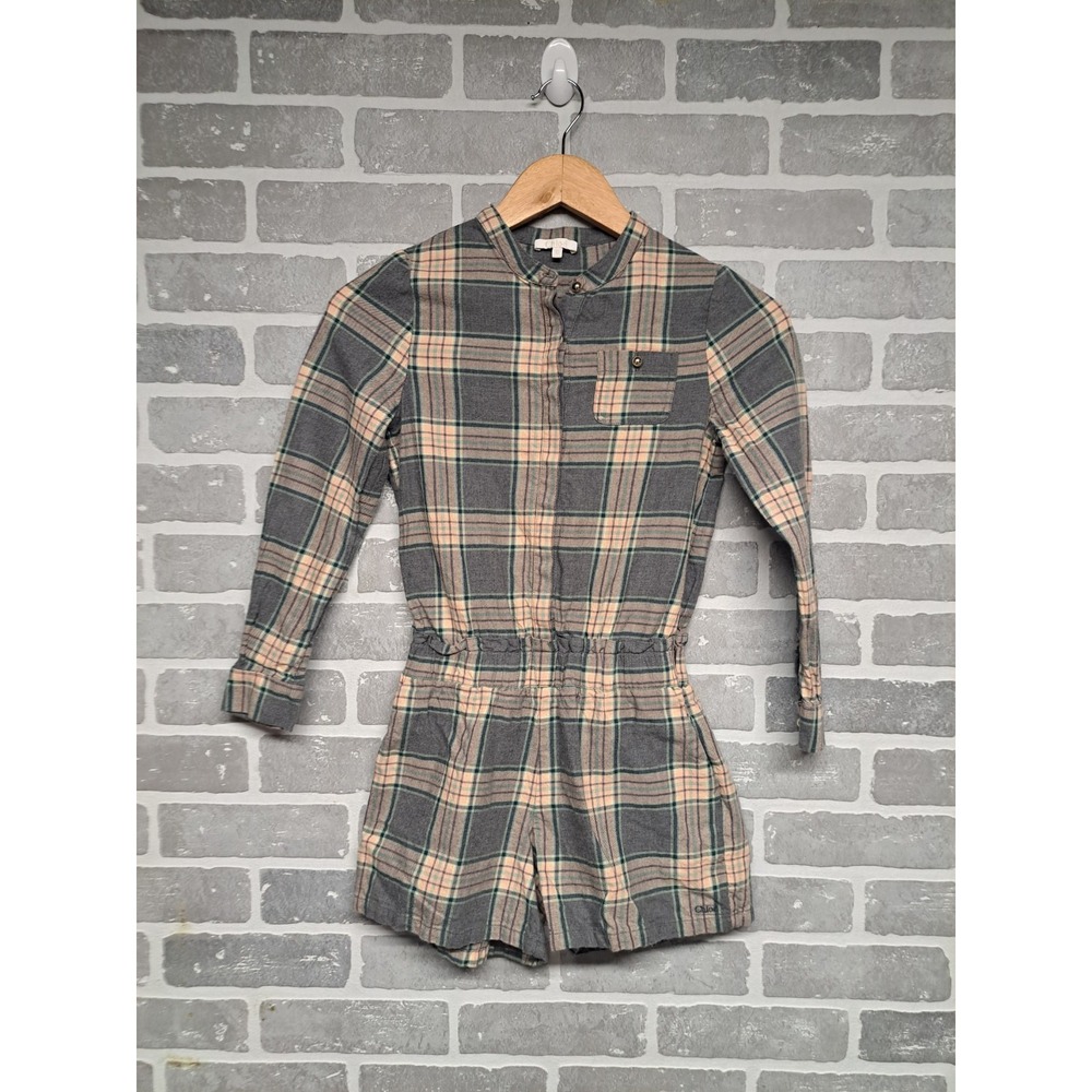 Chloe Girls Logo Cutout Plaid Flannel Long Sleeve Short‎ Jumpsuit Size 10
